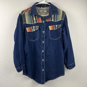 Lucky & Blessed L&B Denim Button Shirt Boyfriend M Blue Aztec Southwest Western - Picture 1 of 14