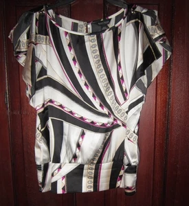 White House Black Market WHBM S Silk Satin Blouse Top Shirt Print Short Sleeve - Picture 1 of 3