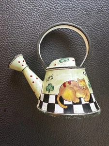1999 Kelvin Chen Mini Enamel Teapot Hand Painted Cat Cats Clover Number 1484 - Picture 1 of 5