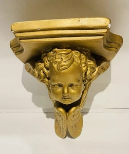 Vintage Plaster Chalkware Gilded Cherub Angel Putti Wall Bracket Shelf Sconce - Picture 1 of 6