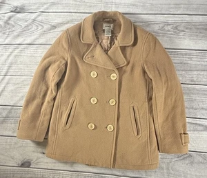 LL Bean Jacket Womens 10 Tan Peacoat Lambswool Double Breasted Thinsulate - Picture 1 of 13