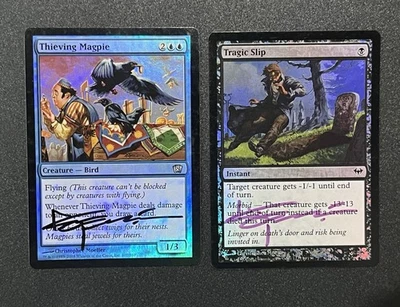 Tarjetas MTG Foil FIRMADAS Urraca Ladrona Trágico Slip Christopher Moeller CASI NUEVO Foto 1 de 4