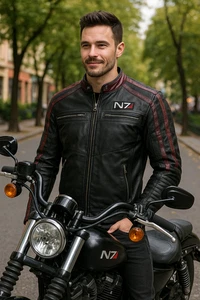 Commander Shepard N7 Mass Effect 3 Gaming Schwarz Cosplay Echtleder Jacke - Bild 1 von 6