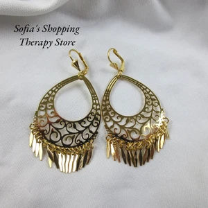18K Gold Plated Filigree Cut-out Dangling Chandelier Earrings Women Gift Jewelry - Picture 1 of 8