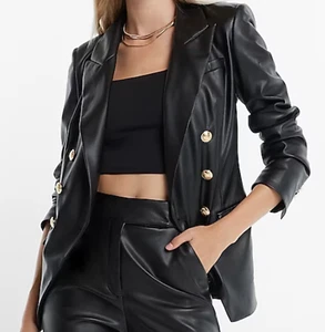 CHAQUETA BLAZER NUEVA EXPRESS NEGRA IMITACIÓN CUERO DOBLE BOTONADURA NOVEDAD BOTÓN TALLA S - Imagen 1 de 23