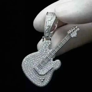 3Ct Round Cut Real Moissanite Men's Guitar Charm Pendant 14K White Gold Plated - Picture 1 of 11