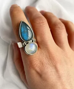 Labradorite & Moonstone Ring 925 Silver Statement Ring Teardrop Ring All Size US - Picture 1 of 6