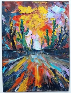 Mexican Desert Sunset with Cacti impasto Oil Painting Original Handmade 7x9.5" - Picture 1 of 6