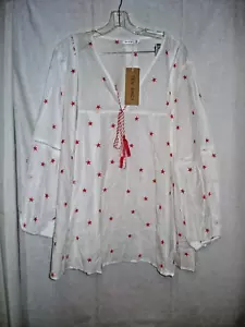 NWT's TENDANCY White BOHO SHIRT w RED Embroidered STARS Size 2x - Picture 1 of 3