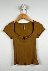 FREE PEOPLE Women's Ribbed Brown Top Short Sleeve XS - Picture 1 of 7