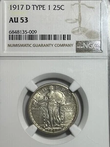 1917 D Type 1 25 Cent AU 53 NGC Graded - Picture 1 of 2