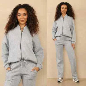 Womens Ladies Fleece Loungewear Bomber Zipper Jacket Trouser 2 Pcs Set Tracksuit - Picture 1 of 26