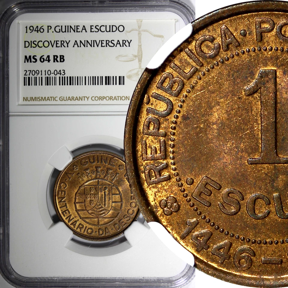 Guinea-Bissau Bronze 1946 Escudo NGC MS64 RB Discovery Anniversary KM# 7  (043) - Image 1 of 4
