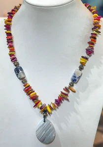 Blue Sodalite Gray Striped Agate Pendant Multi Color Shell Pieces Boho Necklace - Picture 1 of 5