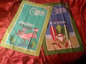 PINK FLAMINGO CHRISTMAS in PARADISE &SANTA'S HOLIDAYS KITCHEN TOWEL WALL ART - Picture 1 of 1
