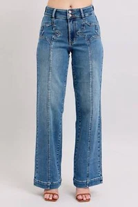 Jeans de mezclilla Judy azul cintura alta estrella y detalle de costura delantera pierna ancha 88957 - Imagen 1 de 29