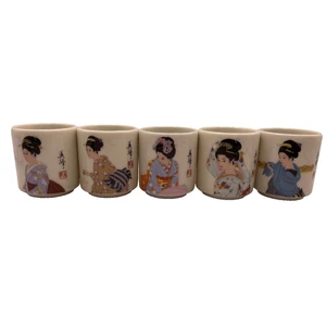 Vintage Porcelain Sake Cup Hand Painted Geisha Japan Set of 5 - Picture 1 of 13