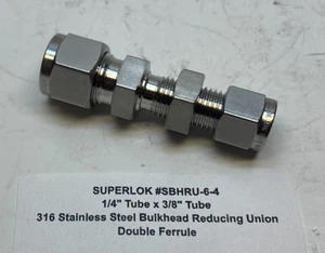 SUPERLOK  1/4" Tube x 3/8" Tube Stainless Steel Bulkhead Reducing Union - Picture 1 of 3