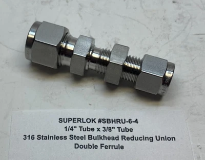 SUPERLOK  1/4" Tube x 3/8" Tube Stainless Steel Bulkhead Reducing Union - Image 1 of 3