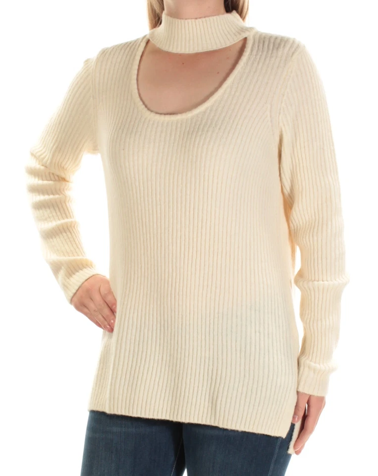 Kensie Womens Ivory Choker Long Sleeves Ribbed Knit Sweater Top L BHFO 6035
