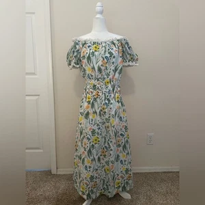 Maxi Vestido Olivia James Blanco Floral Talla M Fuera del Hombro Tropical Cottagecore - Imagen 1 de 12