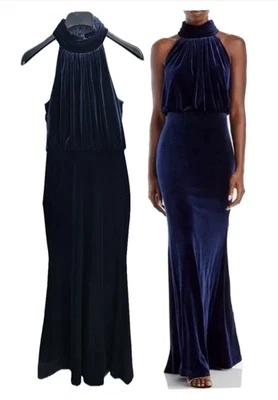 Eliza J 女式 2 码蓝色丝绒吊带模拟领布劳森礼服天鹅绒 — 第 1/4 张图片