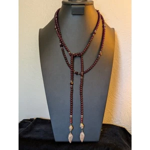 Collana Lariat Boho Granato Vetro Perline Mirtillo Perla Foglia Sterling Nappa 63" - Foto 1 di 8