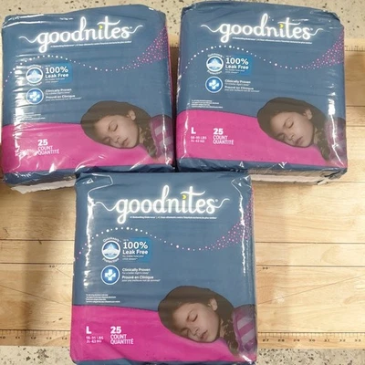Ropa interior para mojar la cama nocturna Goodnites para niñas talla grande 3 paquetes de 25 (75 Tot) Foto 1 de 4