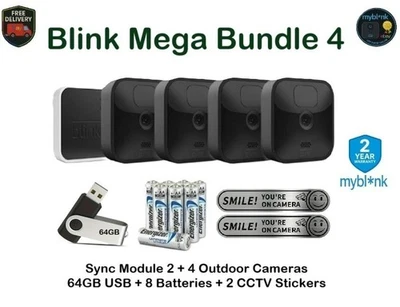Blink Outdoor 4 Camera Mega Bundle: Sync Module USB Drive Batteries Silver CCTV - Image 1 of 4
