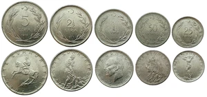 TURKEY – SET OF 5 COINS – 25 KURUŞ TO 5 LIRA – 1960s & 1970s – MIXED YEARS - Picture 1 of 1