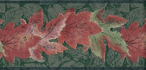 Red Green Silver Autumn Fall Maple Oak Leaf Textured Vinyl Wallpaper Border 6.8" - Picture 1 of 6