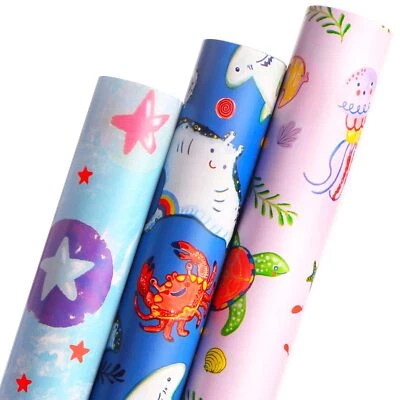3 Rolls Ocean Birthday Wrapping Paper 17x120 inch with Turtles Jellyfish - Image 1 of 4