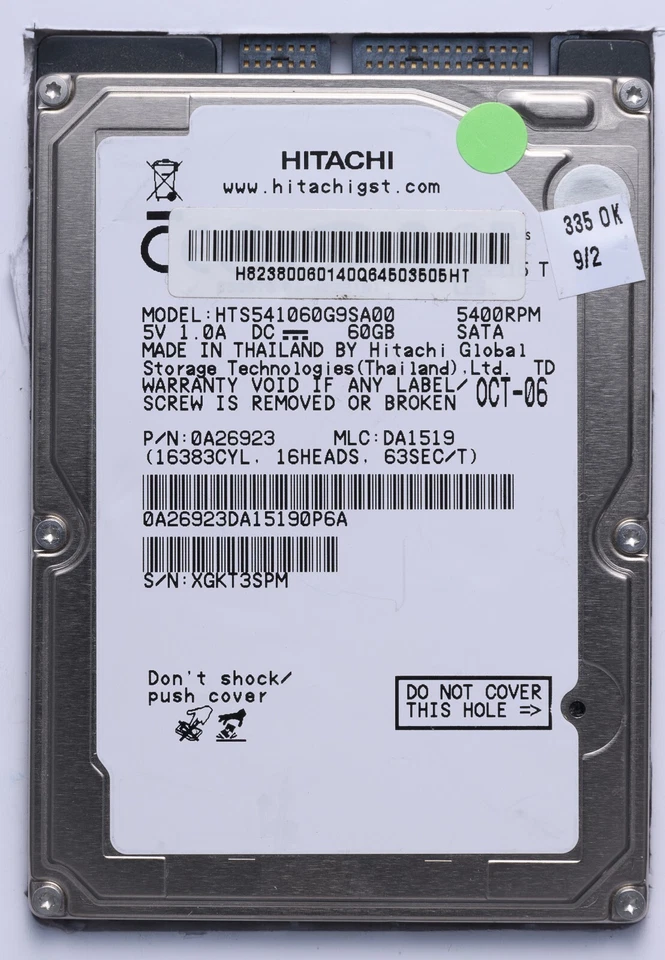Hitachi 60GB SATA 2.5" Laptop HDD Model HTS541060G9SA00 P/N 0A26923 - Image 1 of 2