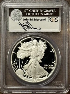 1986 S PROOF SILVER EAGLE PCGS PR70 DCAM JOHN MERCANTI SIGNED BLACK LABEL ASE - Picture 1 of 2