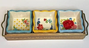 Pioneer Woman Condiment Set 4pc Acacia Wood Tray Stoneware Teal Yellow Blue Dish - Picture 1 of 51