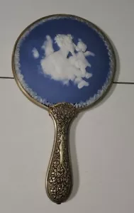 Antique Vintage Wedgwood Blue Jasperware Ornate Brass Hand Mirror Loves Dream - Picture 1 of 19
