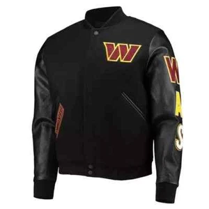 Letterman Washington Commanders Giacca Varsity Nera Lana e Pelle Uomo USA - Foto 1 di 3