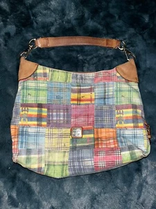 Dooney & Bourke VTG Madras Pink Green Blue Picnic Plaid Ants Hobo Shoulder Bag - Picture 1 of 12