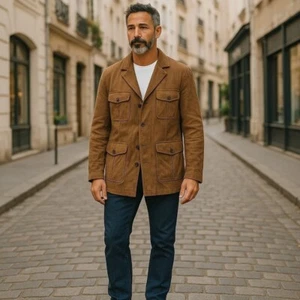 Tasso Elba Brown Suede Leather Chore Coat Front Pockets Vintage Mens L - Picture 1 of 21