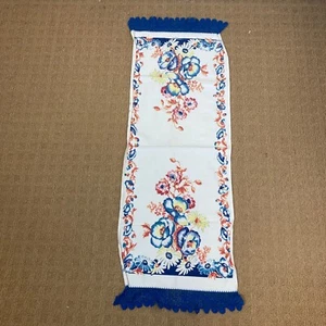 Vintage Table Runner Crochet edged Floral Blue Red Cotton Dresser Vanity - Picture 1 of 7