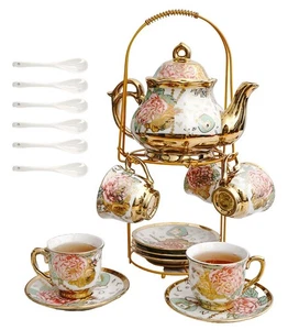 20 Pezzi Set da Tè Europeo Vintage in Ceramica con Portabicchieri in Metallo, Tè per Adulti S... - Foto 1 di 6