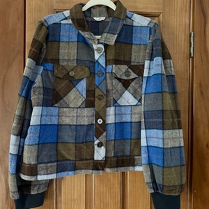 Cato Fleece Cropped Shacket Jacket Women’s XL Brown Blue Plaid Warm Cuffs Collar - Picture 1 of 5