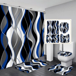 Nkzply 4 Pcs Blue and Black Striped Shower Curtain Set Grey and White Bathroom S - Picture 1 of 7