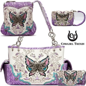 Butterfly Handbag Western Purse Women Shoulder Bag Crossbody Wallet Set Purple - Picture 1 of 14