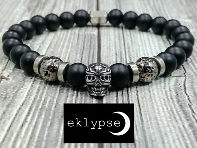 8"L SUGAR SKULL 8mm Onyx+Lava Gemstone Beaded Men's STAINLESS STEEL Bracelet - Image 1 of 4