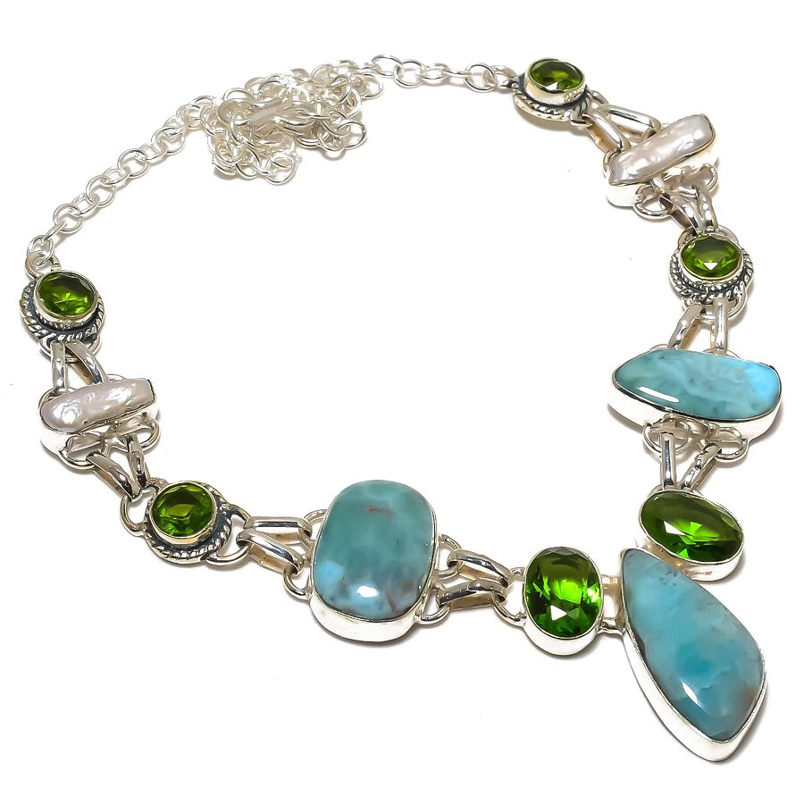 Ожерелье с серебряным покрытием из жемчуга и драгоценных камней Larimar Peridot Biwa 18 дюймов - Изображение 1 из 1