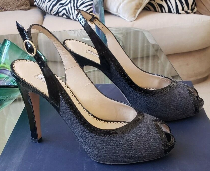 $695 OSCAR DE LA RENTA GRIS NEGRO CHAROL PLATAFORMA HONDA ZAPATOS DE SALÓN PUNTA ABIERTA 9 USADOS EN EXCELENTE ESTADO Foto 1 de 4