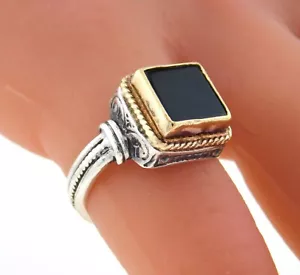Anillo cuadrado de ónix negro con plata de ley 925 y oro de 22 quilates de diseñador talla 5,5 - Imagen 1 de 11
