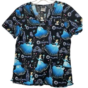 Cherokee Women's Black Cinderella Cartoon Print Scrub Top Size Medium - Picture 1 of 6