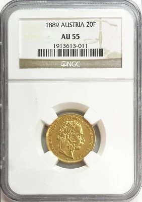 1889 GOLD HUNGARY 8 FLORINS 20 FRANCS FRANZ JOSEPH I COIN NGC AU 55 - Image 1 of 2